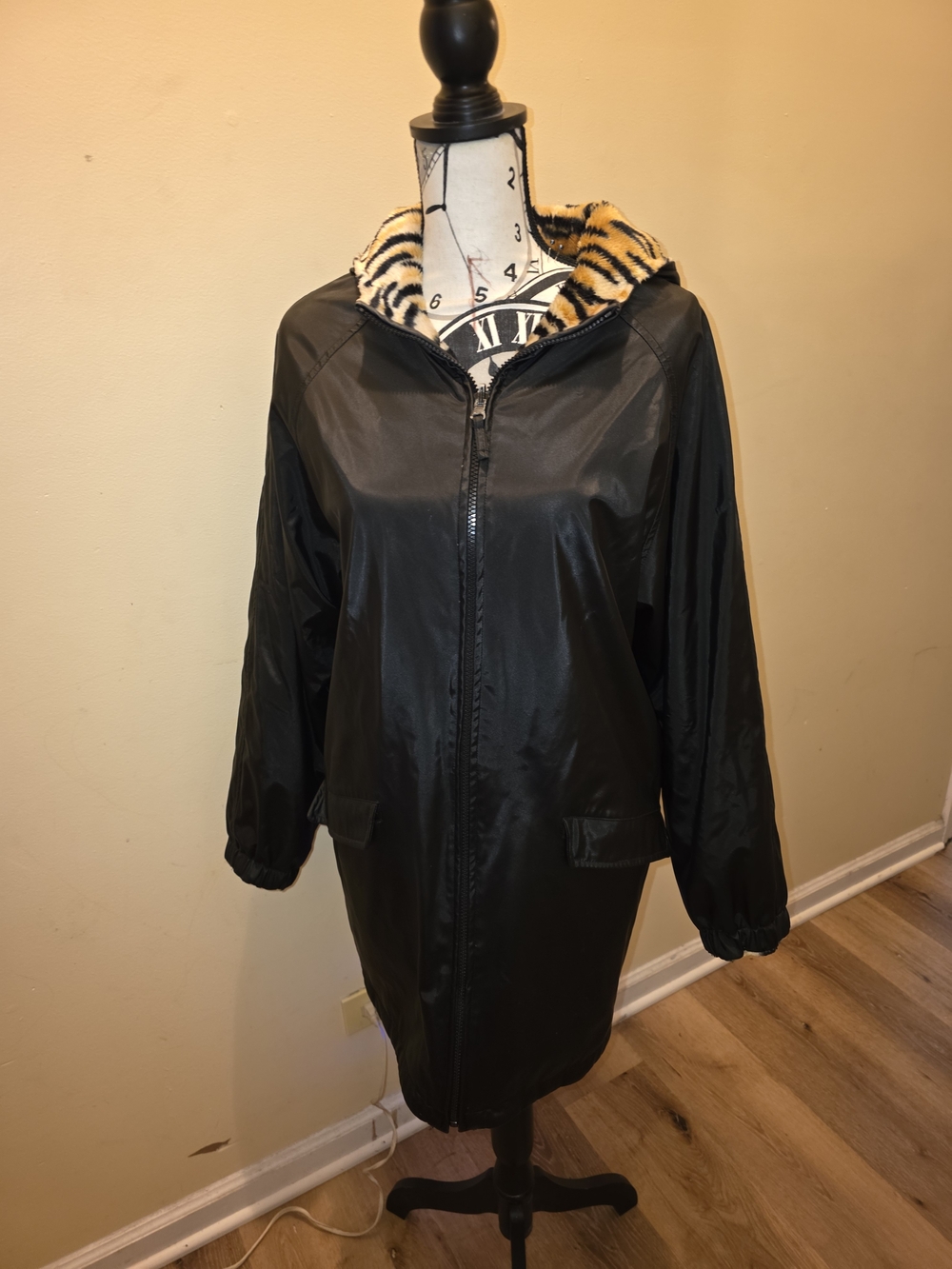 Reversible Black Hooded Coat with Tiger-Print Faux Fur Lining